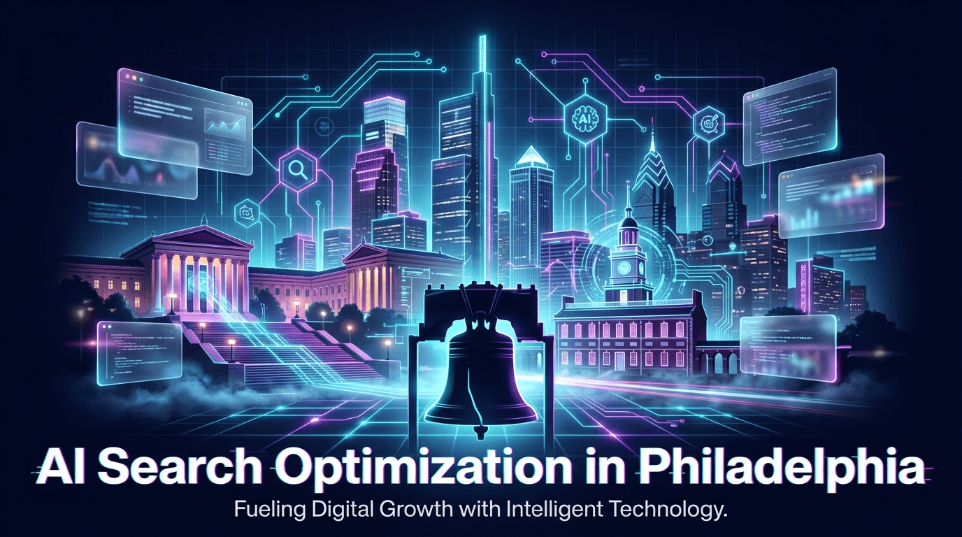 Philadelphia skyline featuring Liberty Bell silhouette, Art Museum steps, Center City skyscrapers, and Independence Hall dome against a dark navy background with neon cyan and purple grid overlay and glowing data nodes