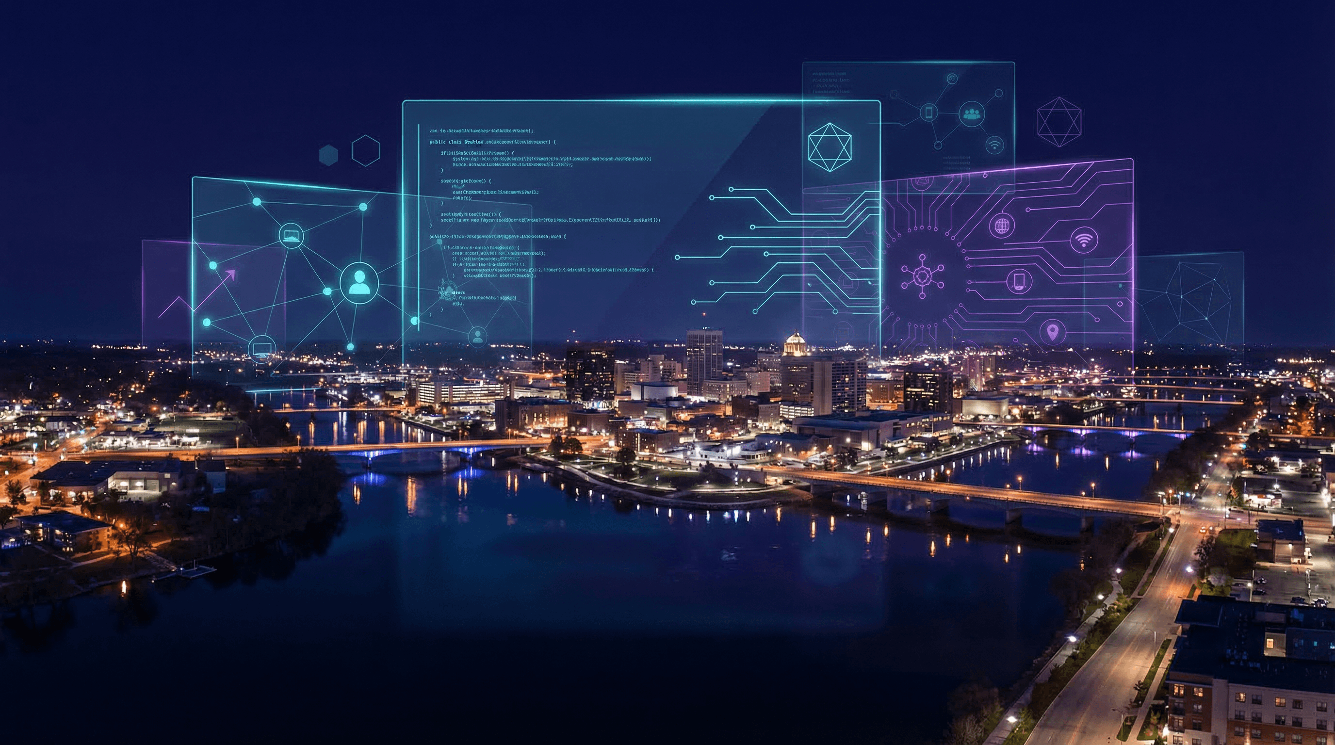Rockford skyline at night with Rock River and downtown, holographic AI search overlays