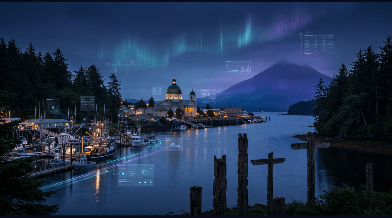 Sitka skyline with St. Michael's Russian Orthodox Cathedral, Sitka National Historical Park totem poles, Mount Edgecumbe across Sitka Sound, Crescent Harbor fishing fleet, and Tongass rainforest against a dark navy sky with cyan and purple holographic data panels