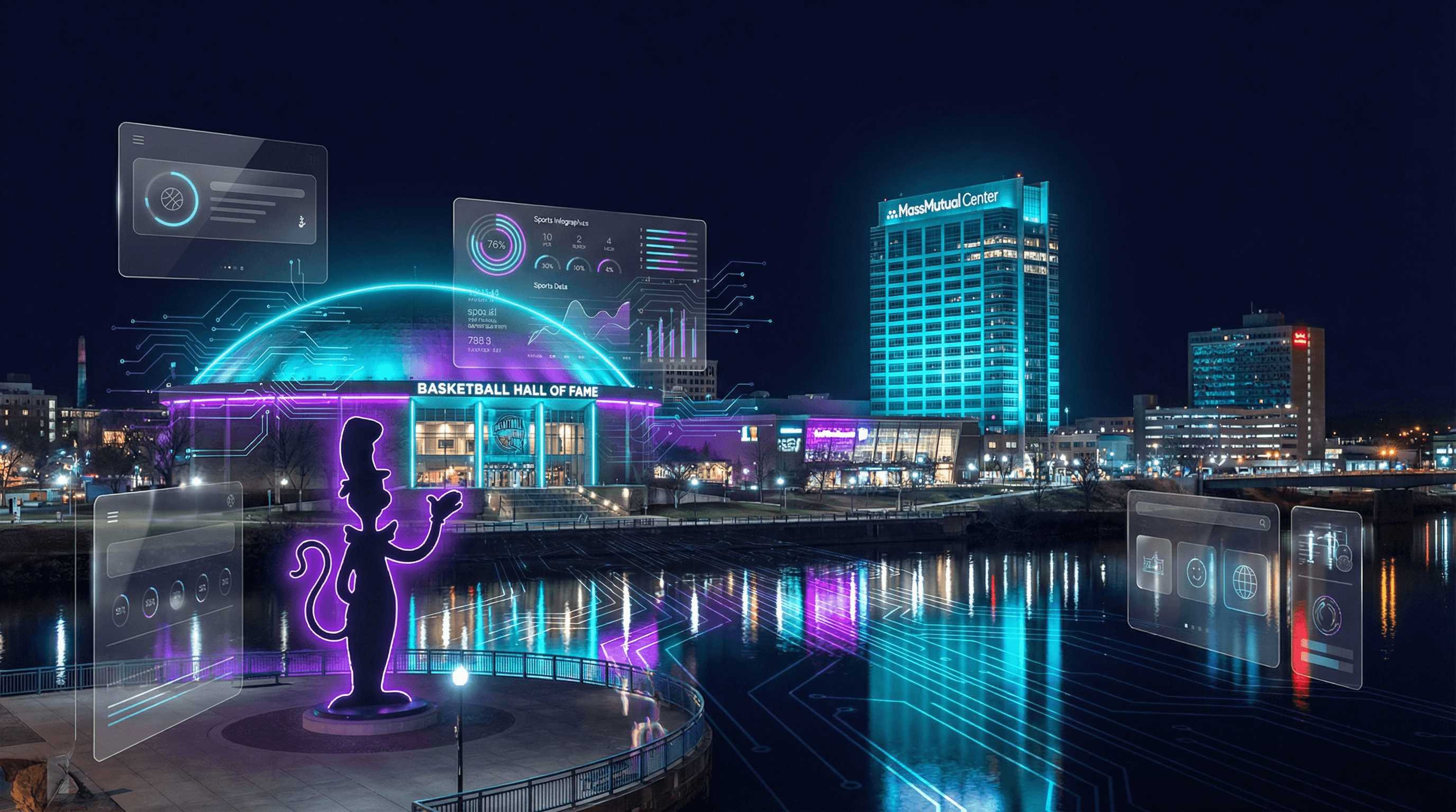 Springfield cityscape with Basketball Hall of Fame dome, MassMutual headquarters, Baystate Medical Center, and Dr. Seuss sculpture garden against a dark navy sky with cyan and purple holographic data panels