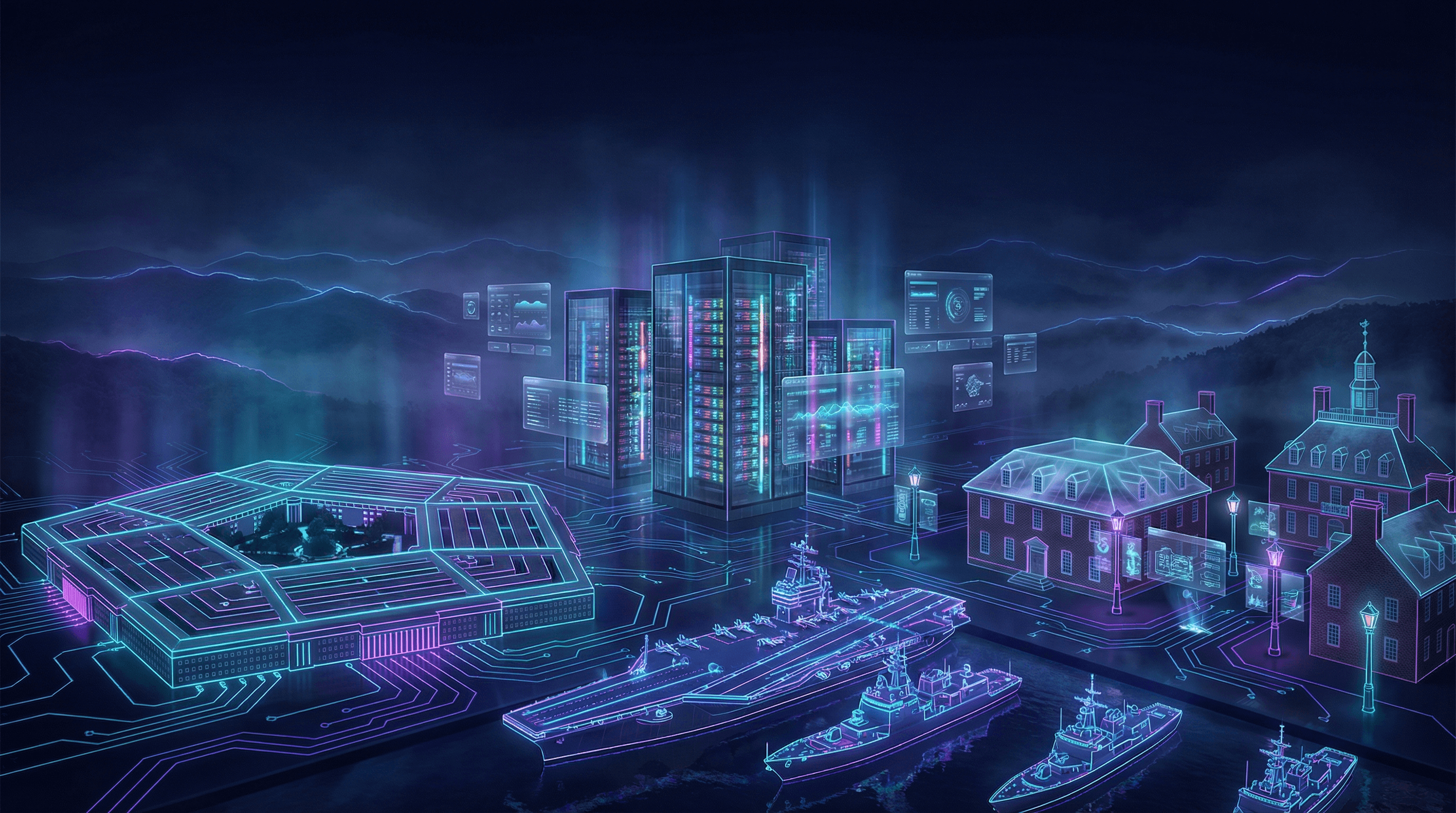 Virginia landscape with Pentagon building, Northern Virginia data center towers, Colonial Williamsburg colonial buildings, and Naval Station Norfolk warships against a dark navy sky with cyan and purple holographic data panels