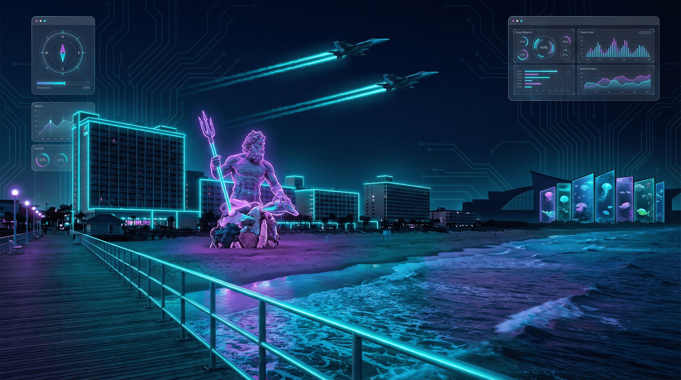 Virginia Beach oceanfront boardwalk with resort hotels, Atlantic Ocean waves, King Neptune statue, NAS Oceana fighter jets, and ViBe Creative District murals against a dark navy sky with cyan and purple holographic data panels