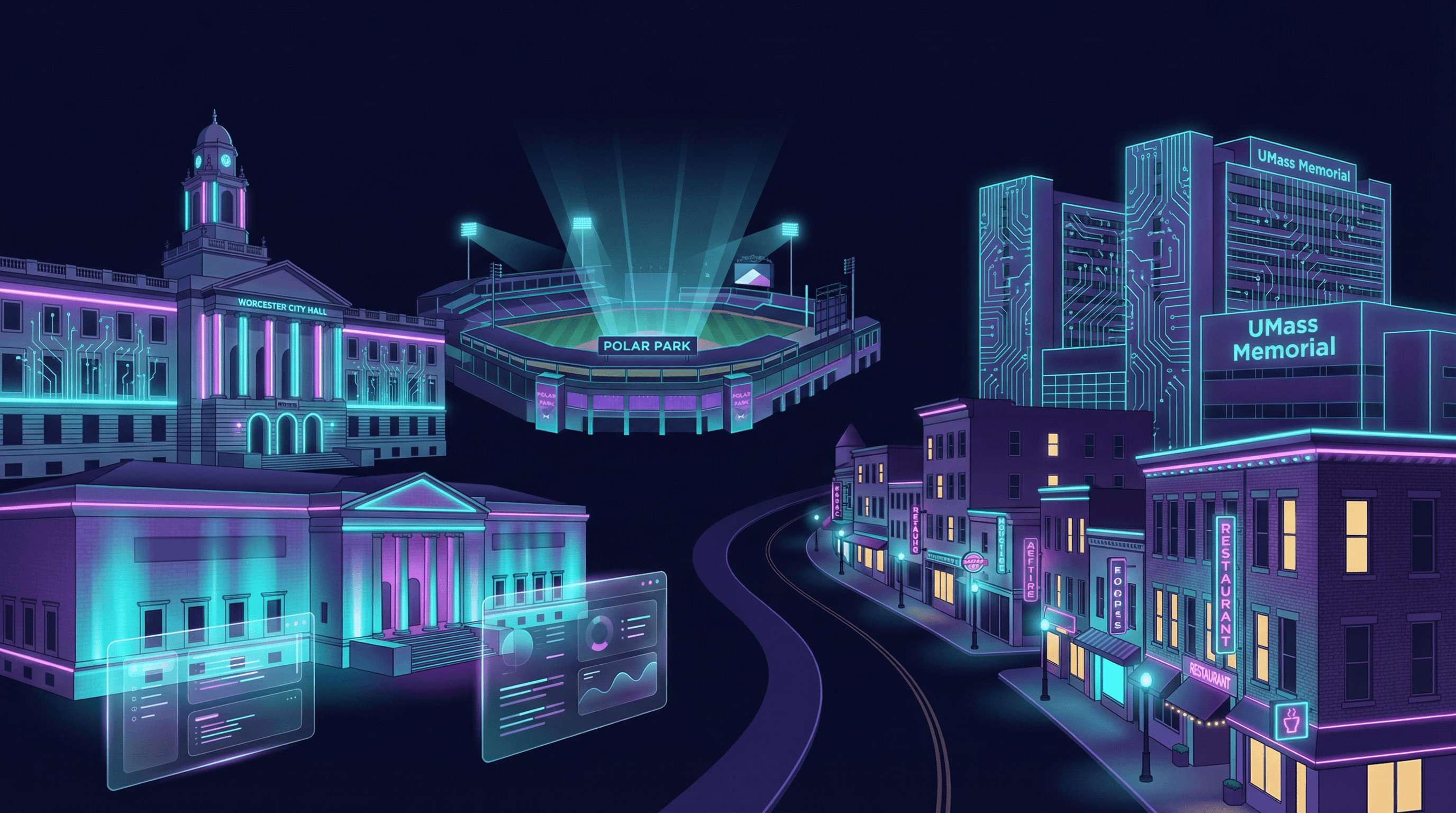 Worcester cityscape with UMass Memorial hospital campus, Worcester Polytechnic Institute tower, Polar Park stadium, and Shrewsbury Street restaurant district against a dark navy sky with cyan and purple holographic data panels
