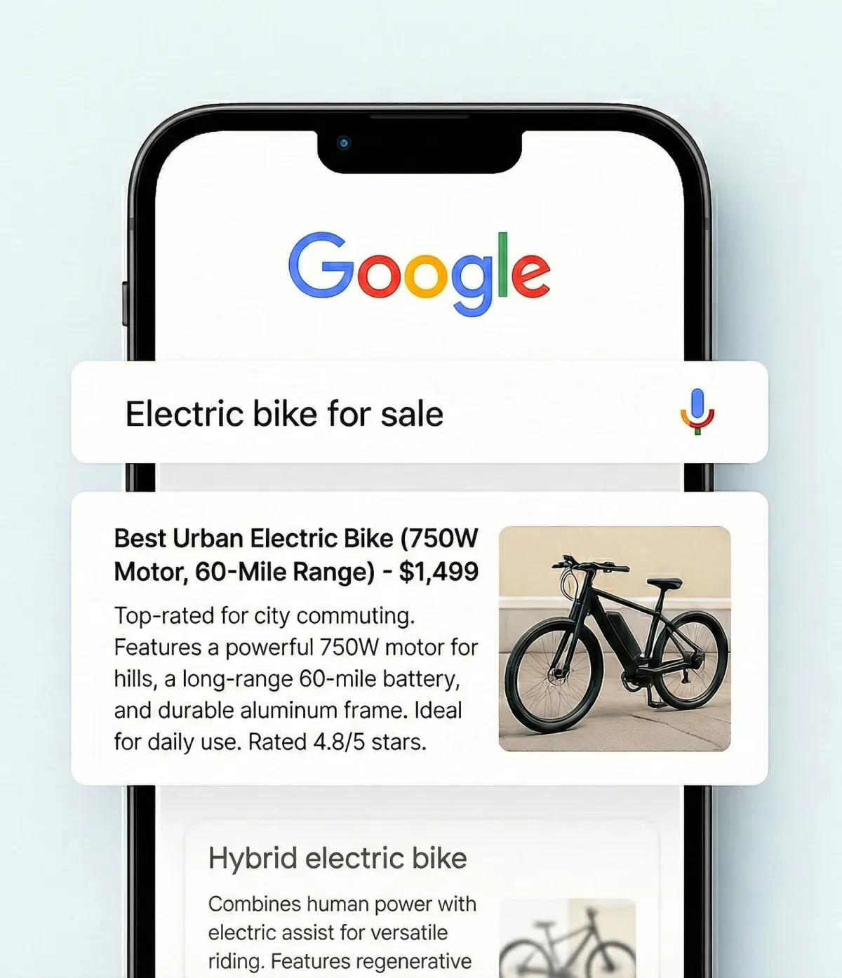 Mobile phone mockup showing a Google search for an electric bike with AI shopping agents