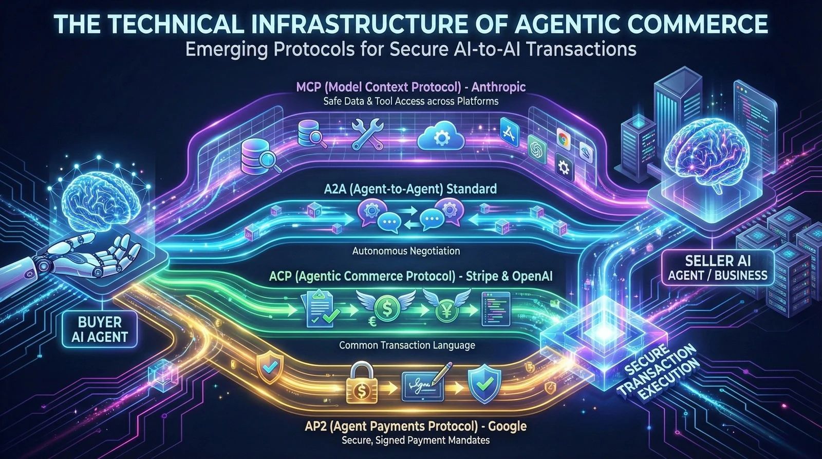 Futuristic infographic visualizing the technical infrastructure of Agentic Commerce. It shows a Buyer AI Agent and Seller AI Agent connected by four key protocols: MCP (Anthropic) for data access, A2A for autonomous negotiation, ACP (Stripe & OpenAI) for transaction language, and AP2 (Google) for secure payments, all leading to secure transaction execution. The design is high-tech with glowing neon lines on a dark background.